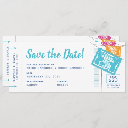 Papel Picado Boarding Pass Save the Date Karte (Vorne/Hinten)