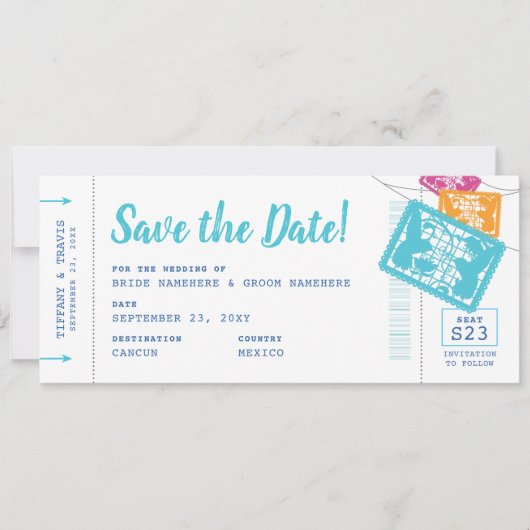 Papel Picado Boarding Pass Save the Date Karte (Vorderseite)