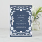 Papel Picado Boda Mexican Rustic Blue Hochzeit Save The Date (Stehend Vorderseite)