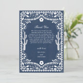Papel Picado Boda Mexican Rustic Blue Wedding Dankeskarte (Stehend Vorderseite)