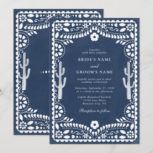 Papel Picado Boda Mexican Rustic Blue Wedding Einladung (Vorne/Hinten)