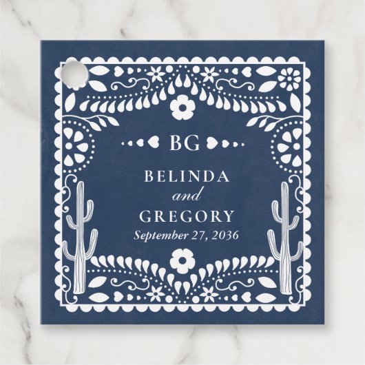 Papel Picado Boda Mexican Rustic Blue Wedding Geschenkanhänger (Vorderseite)
