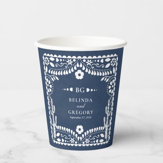 Papel Picado Boda Mexican Rustic Blue Wedding Pappbecher (Vorderseite)