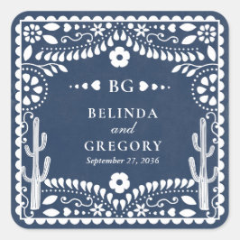 Papel Picado Boda Mexican Rustic Blue Wedding Quadratischer Aufkleber