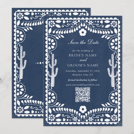 Papel Picado Boda Mexican Rustic Blue Wedding Save The Date (Vorne/Hinten)