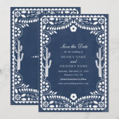 Papel Picado Boda Mexican Rustic Blue Wedding Save The Date (Vorne/Hinten)