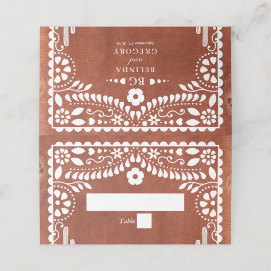 Papel Picado Boda Mexican Terracotta Brown Wedding Platzkarte (Außenseite Aufgefaltet)