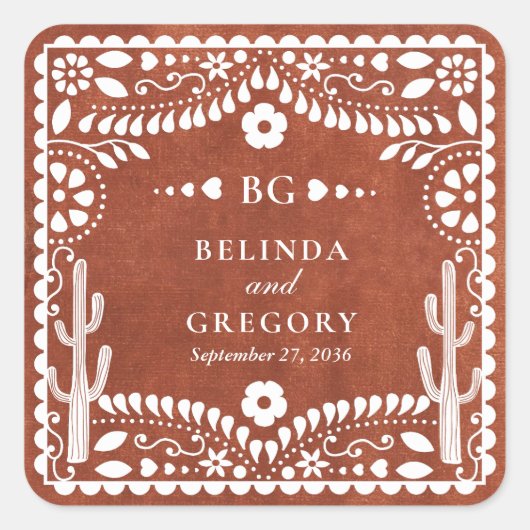 Papel Picado Boda Mexican Terracotta Brown Wedding Quadratischer Aufkleber (Vorderseite)