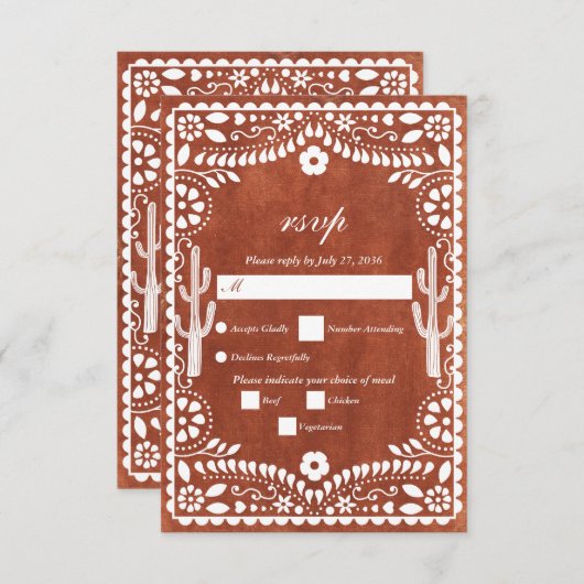 Papel Picado Boda Mexican Terracotta Brown Wedding RSVP Karte (Vorne/Hinten)