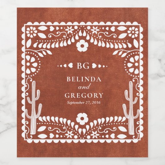Papel Picado Boda Mexican Terracotta Brown Wedding Weinetikett (Einzelnes Label)