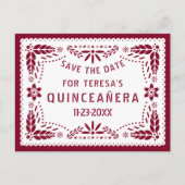 Papel picado burgundy QUINCEAÑERA Save the Date Ankündigungspostkarte (Vorderseite)