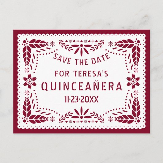 Papel picado burgundy QUINCEAÑERA Save the Date Ankündigungspostkarte (Vorderseite)