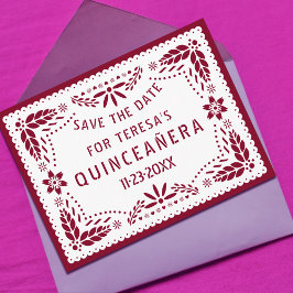 Papel picado burgundy QUINCEAÑERA Save the Date Ankündigungspostkarte
