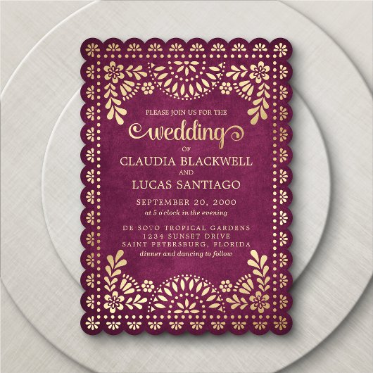 Papel Picado Burgundy Wedding Einladung