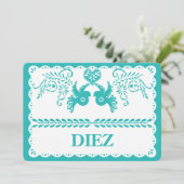 Papel Picado Diez Ten Tischnummer Aqua Fiesta (Stehend Vorderseite)