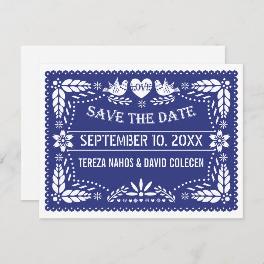 Papel picado dunkelblaue Hochzeit Sichern des Datu Ankündigungspostkarte (Vorne/Hinten)