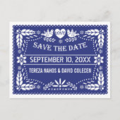 Papel picado dunkelblaue Hochzeit Sichern des Datu Ankündigungspostkarte (Vorderseite)