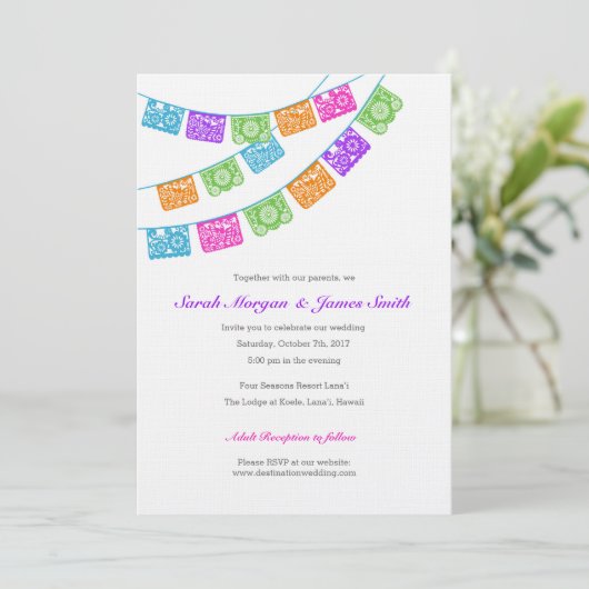 Papel Picado Einladung zur mehrfarbigen Hochzeit (Stehend Vorderseite)