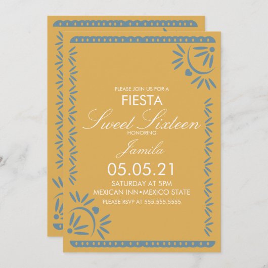 Papel Picado Fiesta Sweet 16 Mexican Scallop Blue Einladung (Vorne/Hinten)