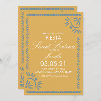 Papel Picado Fiesta Sweet 16 Mexican Scallop Blue Einladung