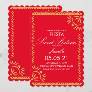 Papel Picado Fiesta Sweet 16 Mexican Scallop Red Einladung