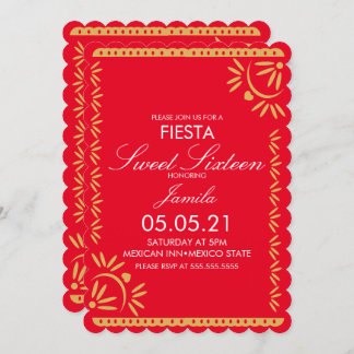 Papel Picado Fiesta Sweet 16 Mexican Scallop Red Einladung