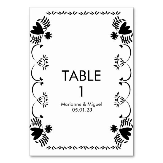 Papel Picado Floral Mexican Wedding Schwarz-weiß Tischnummer (Vorderseite)
