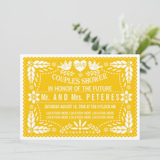 Papel picado Gelbe Hochzeitsdusche Einladung (Stehend Vorderseite)