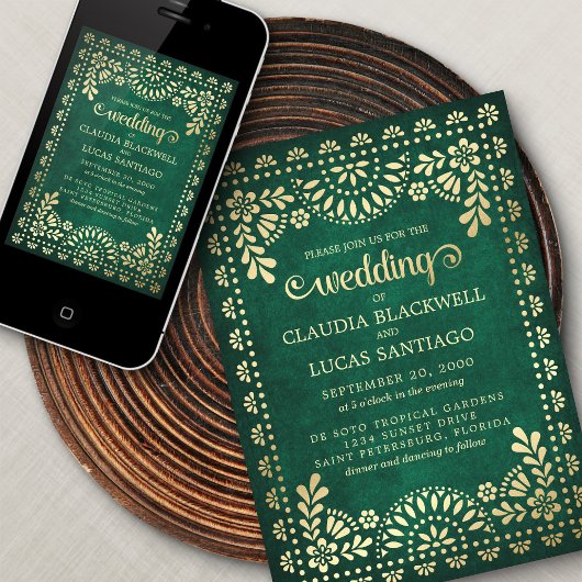 Papel Picado Green Wedding Einladung