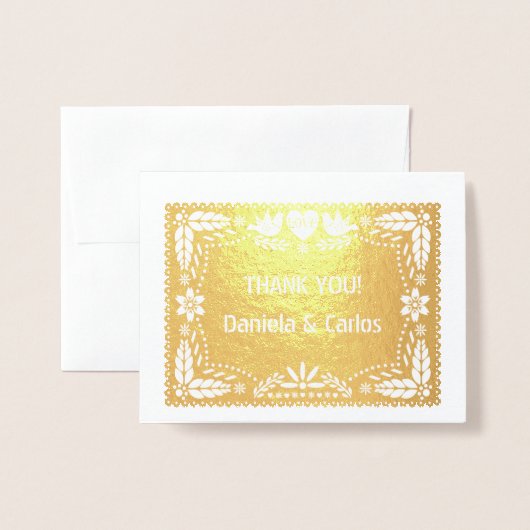 Papel picado Hochzeit Danke Foto gold Folienkarte (Vorderseite mit Umschlag)