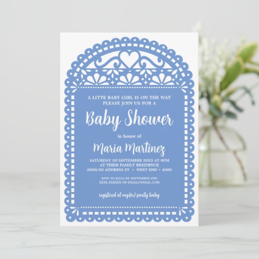 Papel Picado Inspiriert Blue Baby Shower Einladung (Stehend Vorderseite)
