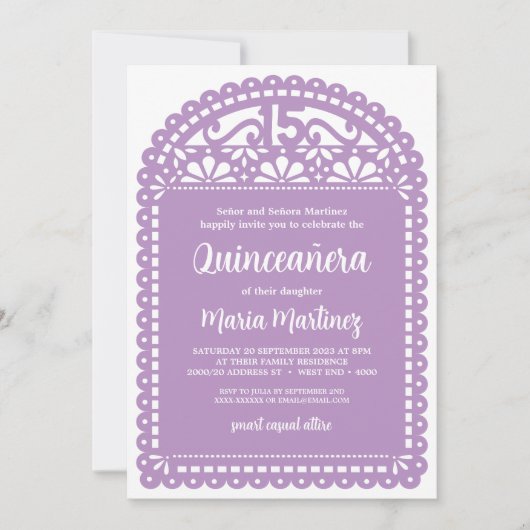 Papel Picado Inspiriert Lila Quinceanera Geburtsta Einladung (Vorderseite)