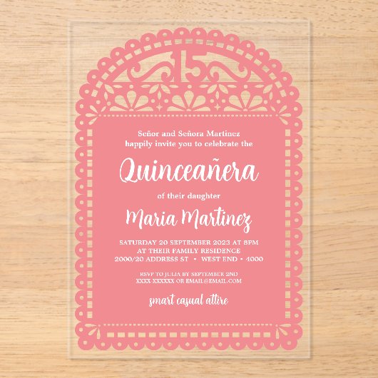 Papel Picado Inspiriert Pink Quinceanera Geburtsta Acryleinladungen (Vorderseite)