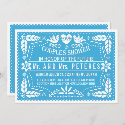 Papel picado liebt blaue Hochzeitsdusche Einladung (Vorne/Hinten)