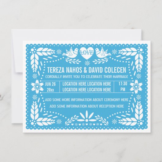 Papel picado liebt Vögel Blaue Hochzeit Einladung (Vorderseite)