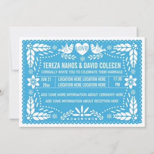 Papel picado liebt Vögel Blaue Hochzeit Einladung (Vorderseite)
