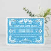 Papel picado liebt Vögel Blaue Hochzeit Einladung (Stehend Vorderseite)