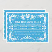 Papel picado liebt Vögel Blaue Hochzeit Einladung (Vorne/Hinten)