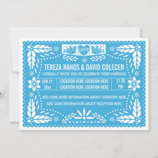 Papel picado liebt Vögel Blaue Hochzeit Einladung (Vorderseite)