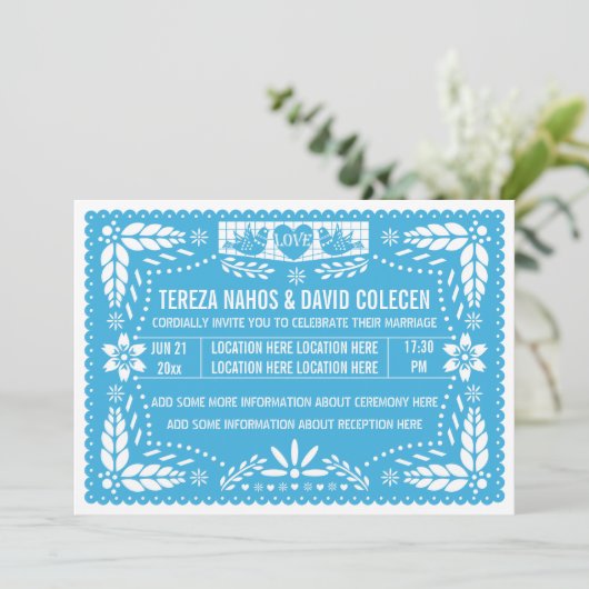 Papel picado liebt Vögel Blaue Hochzeit Einladung (Stehend Vorderseite)