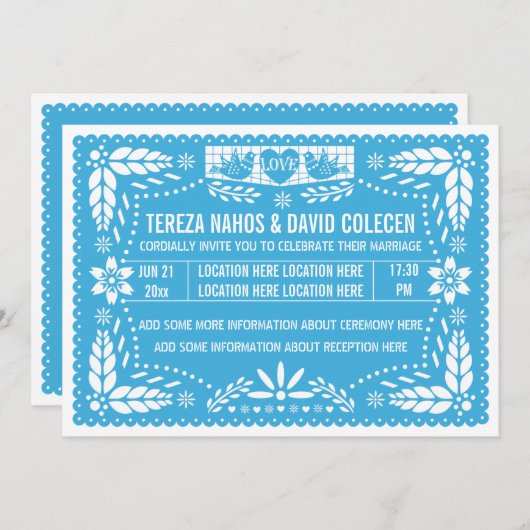 Papel picado liebt Vögel Blaue Hochzeit Einladung (Vorne/Hinten)