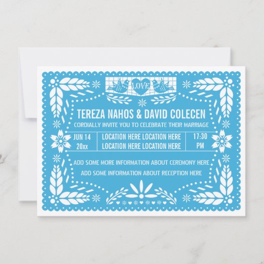 Papel picado liebt Vögel Blaue Hochzeit Einladung (Vorderseite)