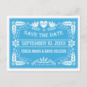 Papel picado liebt Vögel Blaue Hochzeit Retten das Ankündigungspostkarte (Vorderseite)