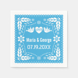 Papel picado liebt Vögel Blaues Hochzeitsfiesta Serviette