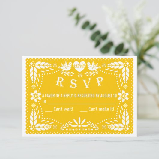 Papel picado liebt Vögel Gelbe Hochzeit RSVP Antwo (Stehend Vorderseite)