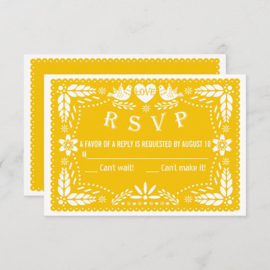 Papel picado liebt Vögel Gelbe Hochzeit RSVP Antwo (Vorne/Hinten)