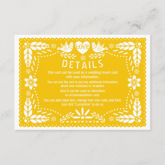 Papel picado liebt Vögel Gelbe Hochzeitsdetails Begleitkarte (Vorderseite)