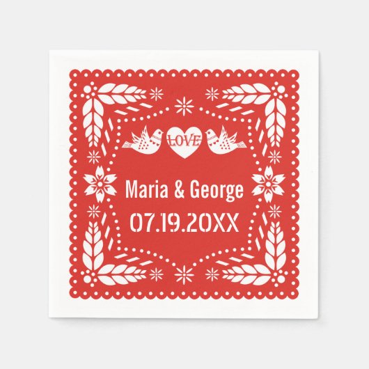 Papel picado liebt Vögel Rotes Hochzeitsfiesta Serviette (Vorderseite)