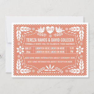 Papel picado liebt Vogelkorallenpfirsichhochzeit Einladung