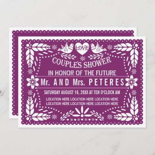 Papel picado lila mexikanische Hochzeitsdusche Einladung (Vorne/Hinten)